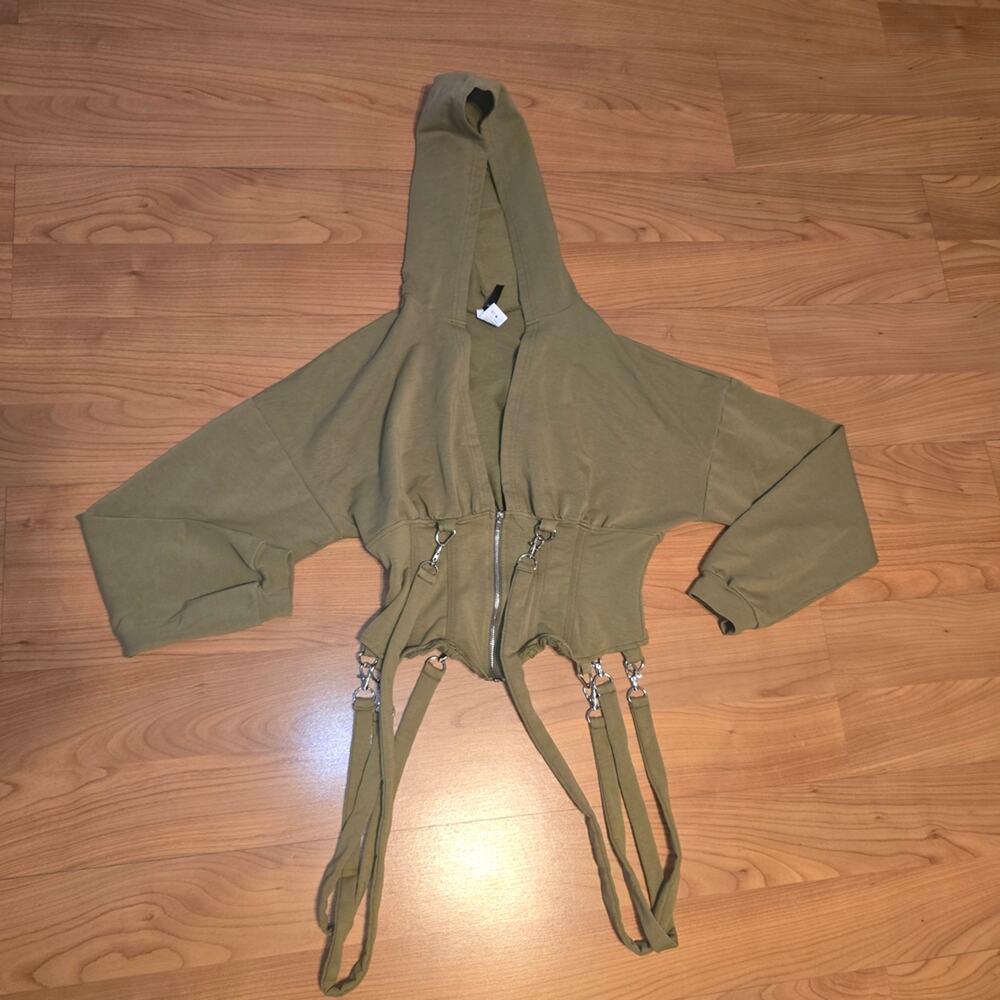 Olive Green Cropped Hoodie with Straps - Picture 3 of 8